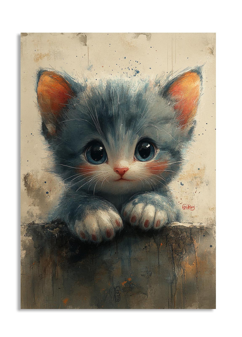 Illustration of a cute kitten on a textured background, as a premium aluminum metal print from GoMetalPrint.
