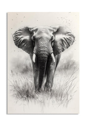 Black and white drawing of an elephant in a natural setting, as a premium aluminum metal print from GoMetalPrint.
