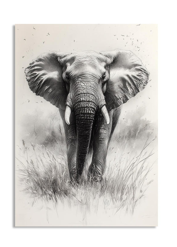 Black and white drawing of an elephant in a natural setting, as a premium aluminum metal print from GoMetalPrint.
