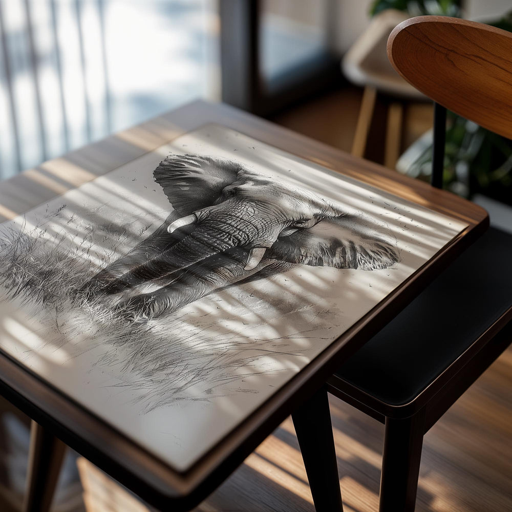 Black and white drawing of an elephant in a natural setting, as a premium aluminum metal print from GoMetalPrint.
