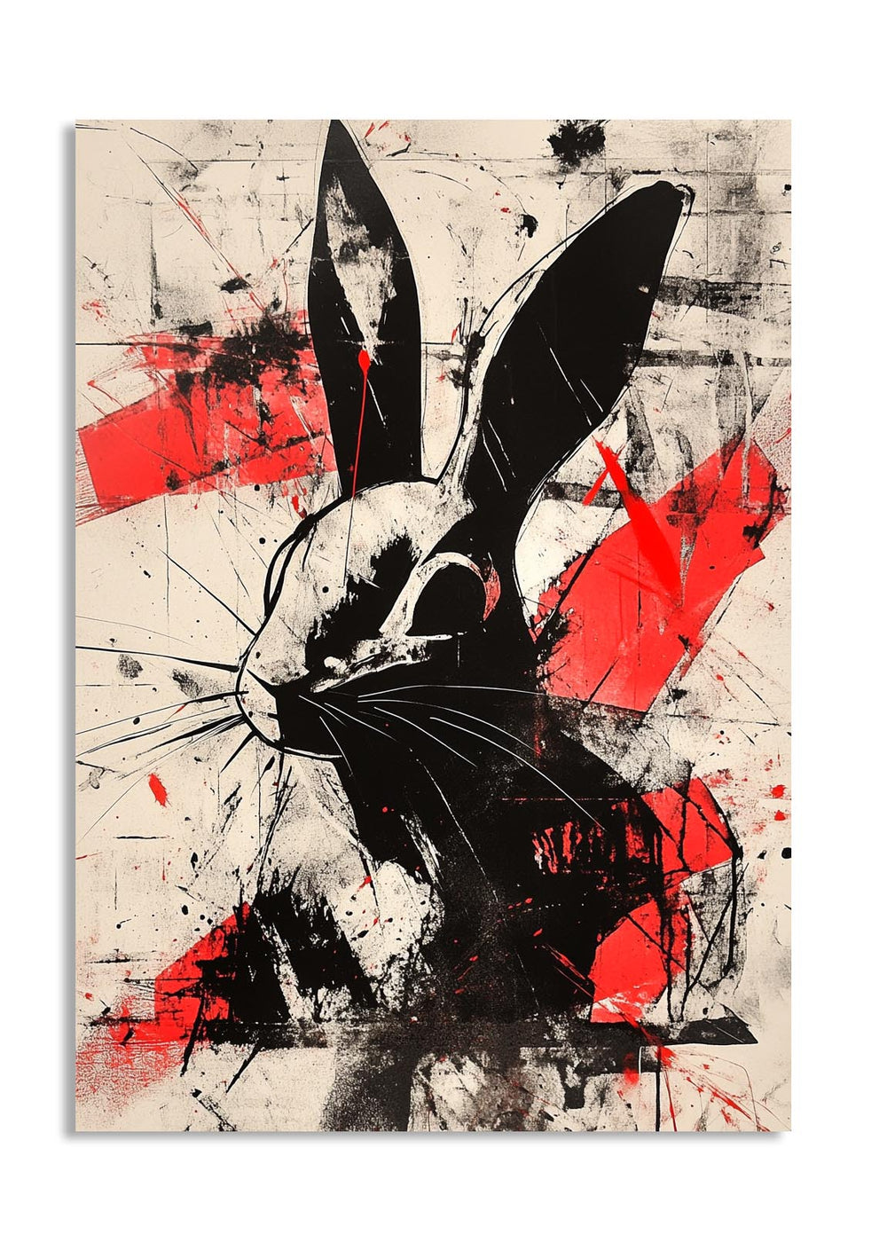 Artistic depiction of a rabbit with black and red abstract design on a beige background, as a premium aluminum metal print from GoMetalPrint.
