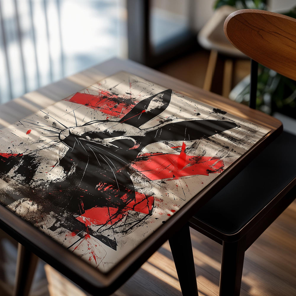 Artistic depiction of a rabbit with black and red abstract design on a beige background, as a premium aluminum metal print from GoMetalPrint.
