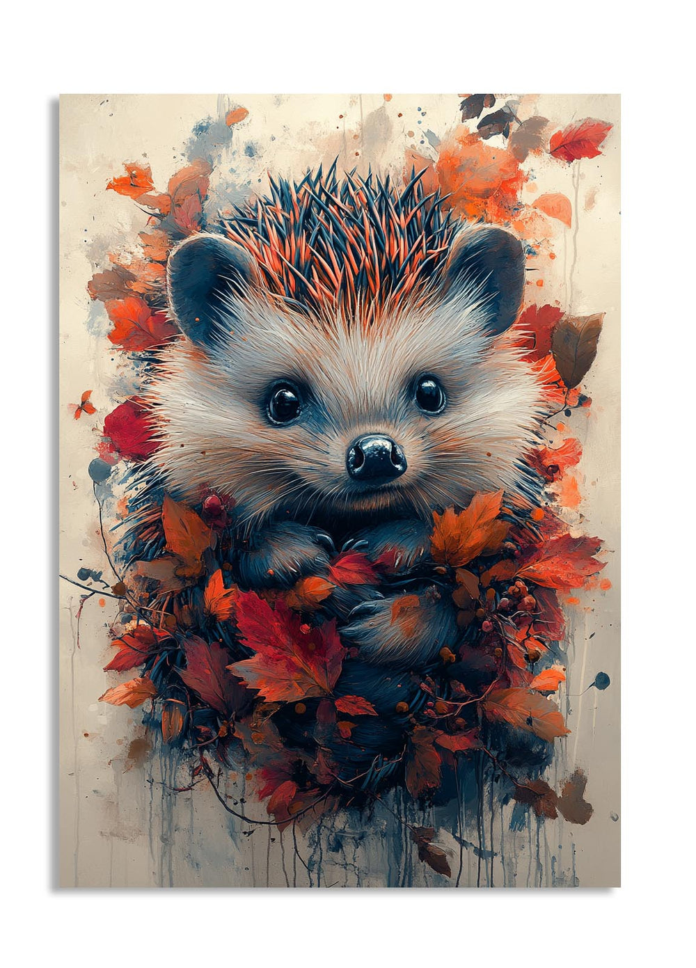 Colorful painting of a hedgehog surrounded by autumn leaves on a textured background, as a premium aluminum metal print from GoMetalPrint.
