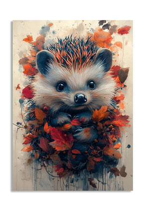 Colorful painting of a hedgehog surrounded by autumn leaves on a textured background, as a premium aluminum metal print from GoMetalPrint.
