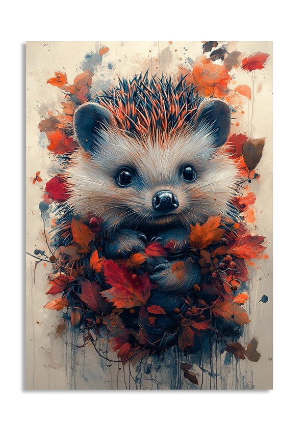 Colorful painting of a hedgehog surrounded by autumn leaves on a textured background, as a premium aluminum metal print from GoMetalPrint.
