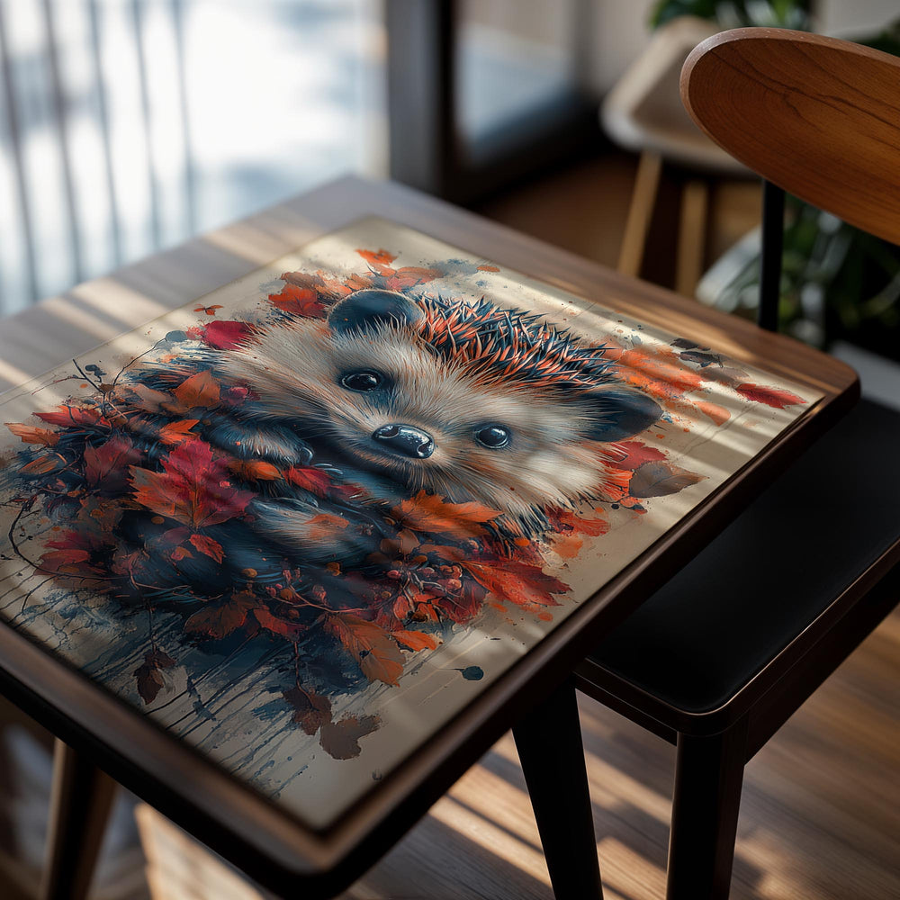 Colorful painting of a hedgehog surrounded by autumn leaves on a textured background, as a premium aluminum metal print from GoMetalPrint.
