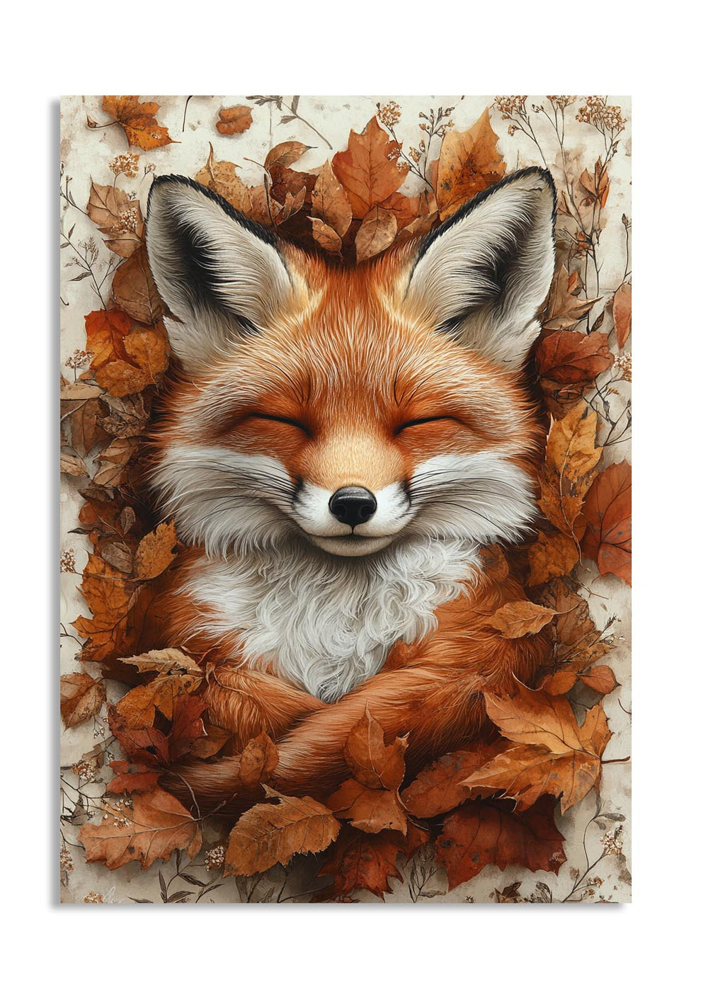 Illustration of a fox surrounded by autumn leaves on a decorative card, as a premium aluminum metal print from GoMetalPrint.

