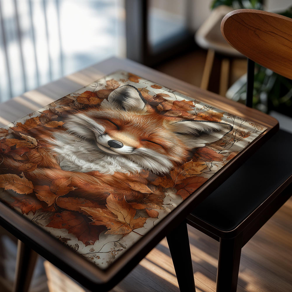 Illustration of a fox surrounded by autumn leaves on a decorative card, as a premium aluminum metal print from GoMetalPrint.

