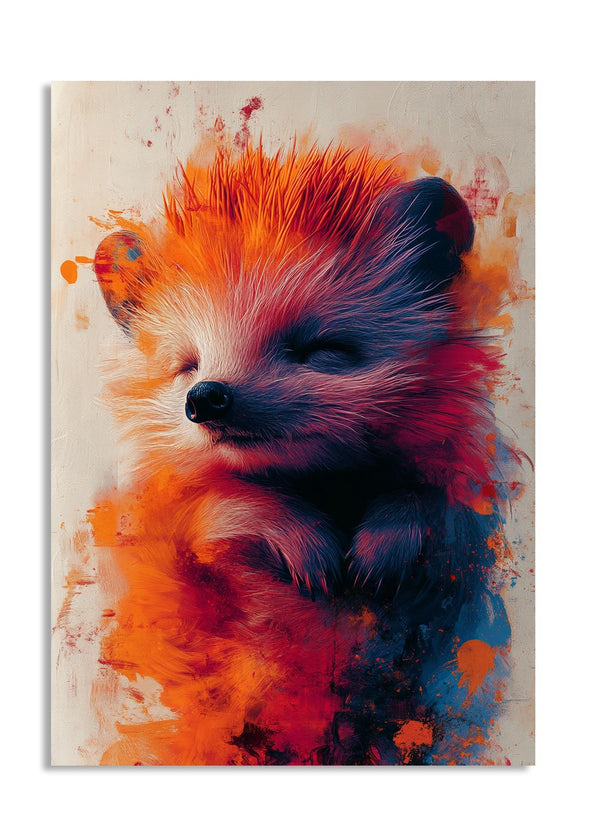 Colorful painting of a raccoon with abstract design, as a premium aluminum metal print from GoMetalPrint.
