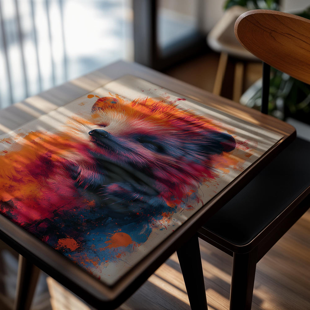 Colorful painting of a raccoon with abstract design, as a premium aluminum metal print from GoMetalPrint.
