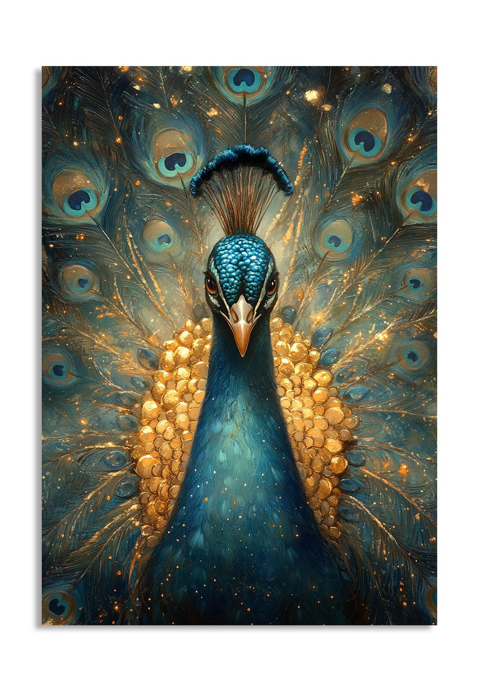 Artistic depiction of a peacock with vibrant blue and gold colors on a white background, as a premium aluminum metal print from GoMetalPrint.
