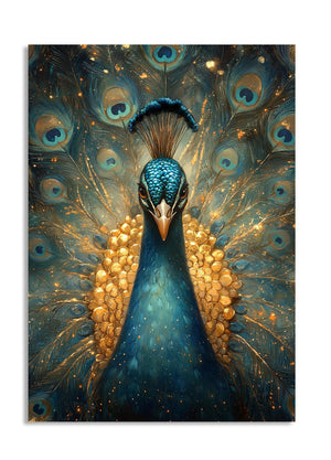 Artistic depiction of a peacock with vibrant blue and gold colors on a white background, as a premium aluminum metal print from GoMetalPrint.
