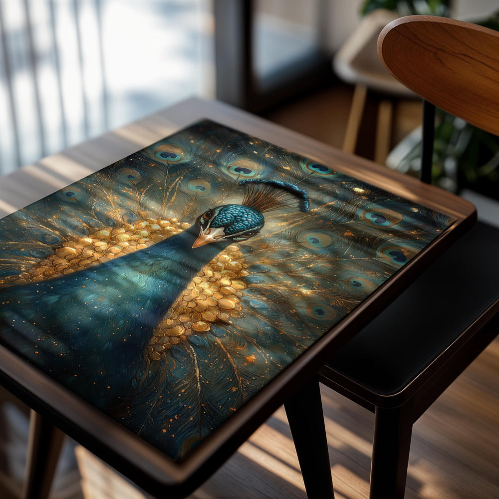 Artistic depiction of a peacock with vibrant blue and gold colors on a white background, as a premium aluminum metal print from GoMetalPrint.
