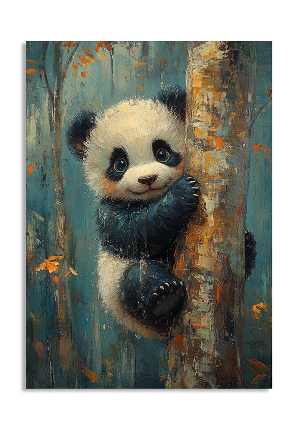 Painting of a panda bear climbing a tree in a forest setting, as a premium aluminum metal print from GoMetalPrint.
