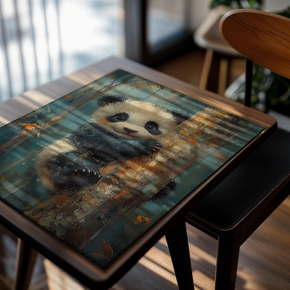 Painting of a panda bear climbing a tree in a forest setting, as a premium aluminum metal print from GoMetalPrint.
