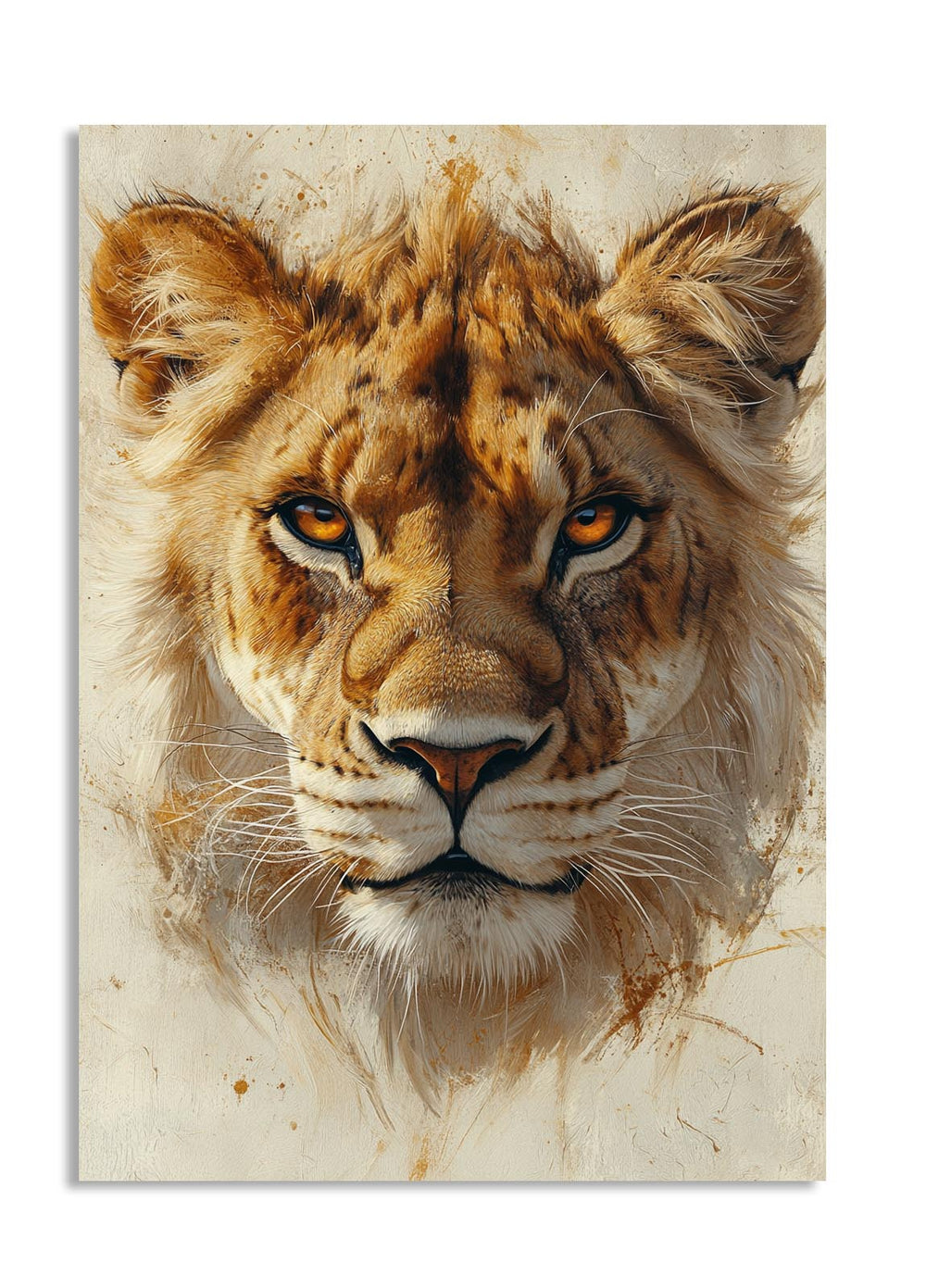 Artistic depiction of a lion's face on a textured background, as a premium aluminum metal print from GoMetalPrint.
