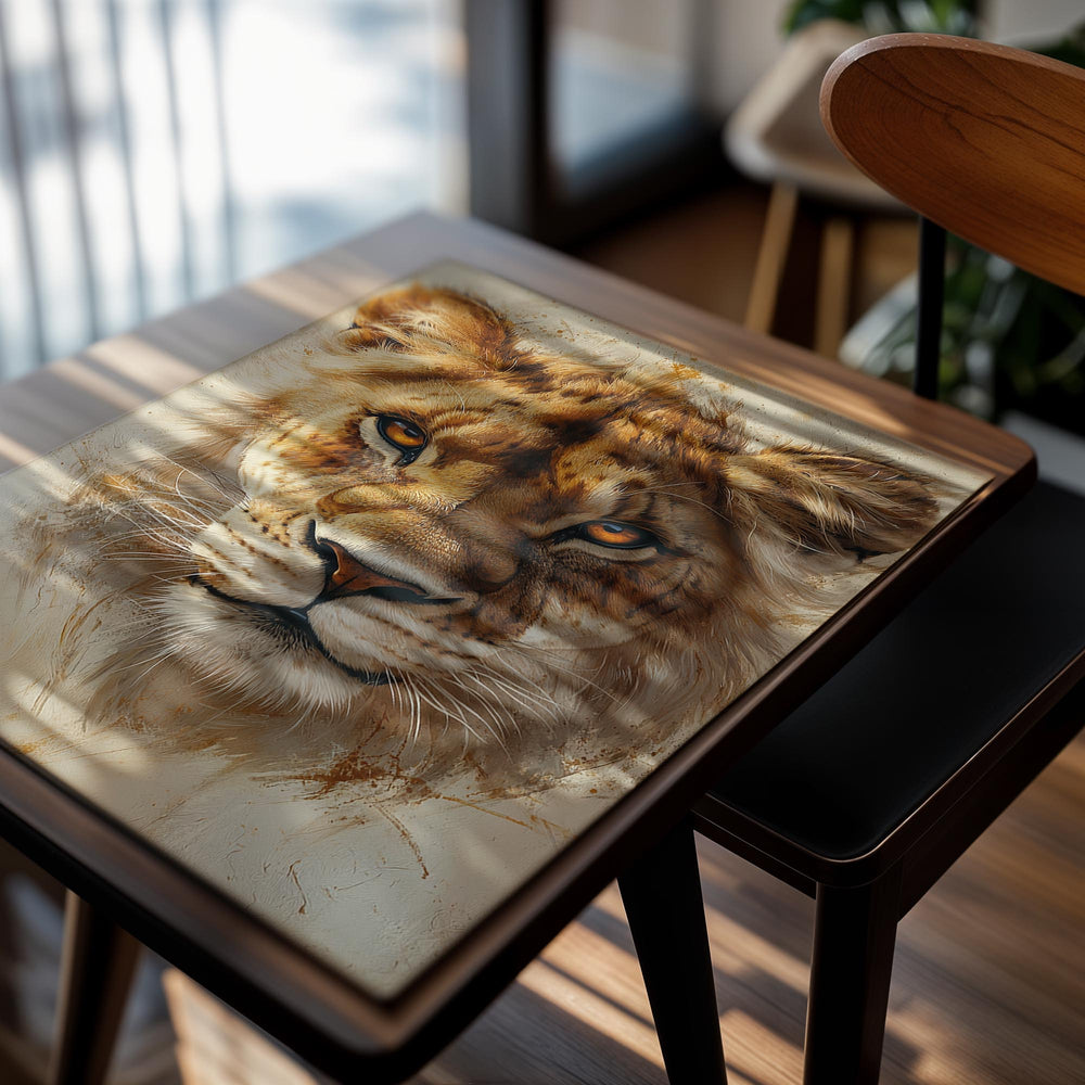 Artistic depiction of a lion's face on a textured background, as a premium aluminum metal print from GoMetalPrint.
