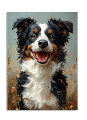 Painting of a happy dog with black, white, and brown fur in a natural setting, as a premium aluminum metal print from GoMetalPrint.
