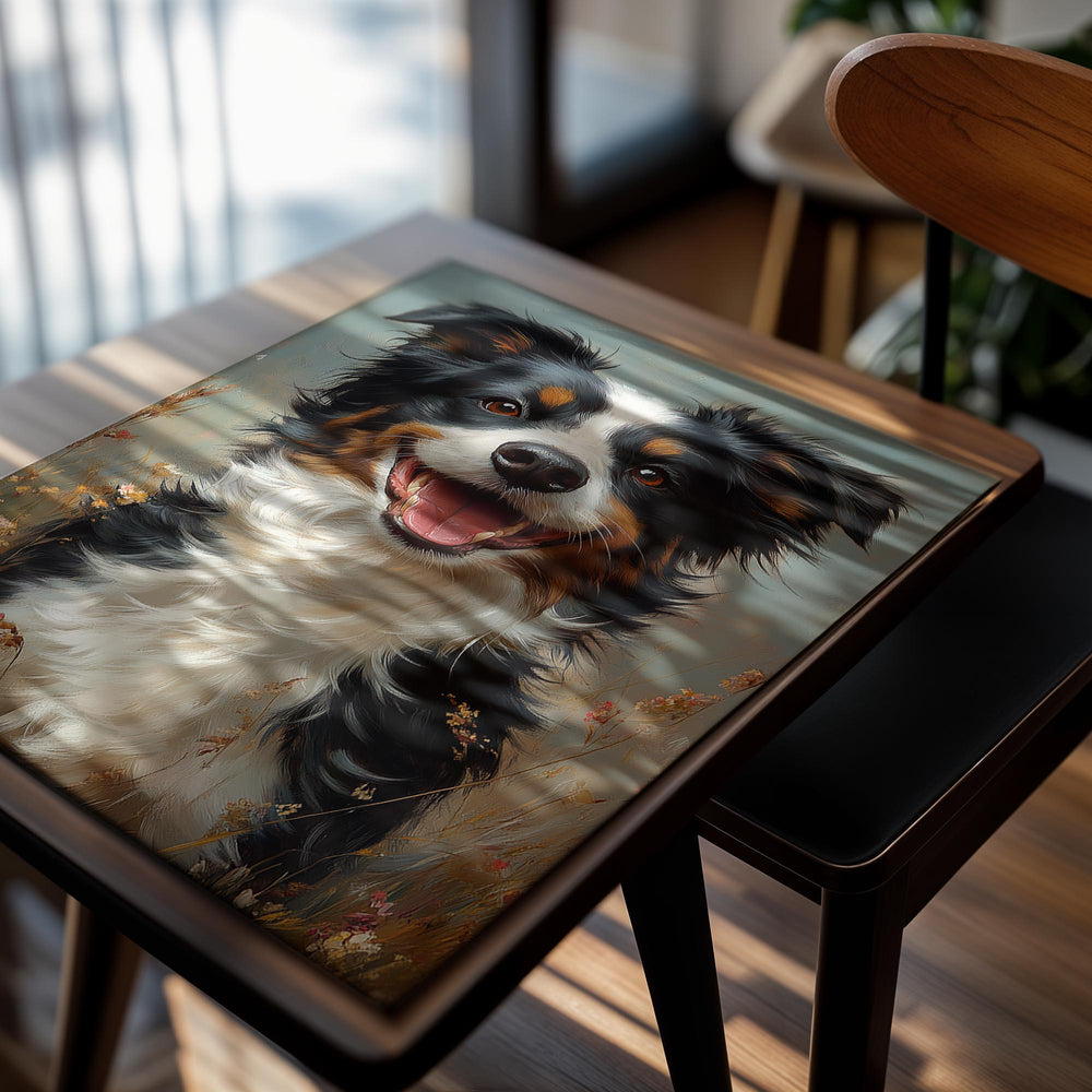 Painting of a happy dog with black, white, and brown fur in a natural setting, as a premium aluminum metal print from GoMetalPrint.
