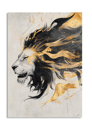 Artistic depiction of a lion's head with black and gold colors on a textured background, as a premium aluminum metal print from GoMetalPrint.
