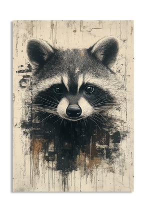 Raccoon illustration on a textured beige background, as a premium aluminum metal print from GoMetalPrint.

