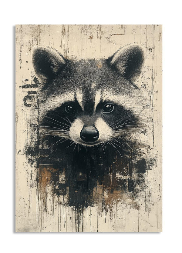 Raccoon illustration on a textured beige background, as a premium aluminum metal print from GoMetalPrint.
