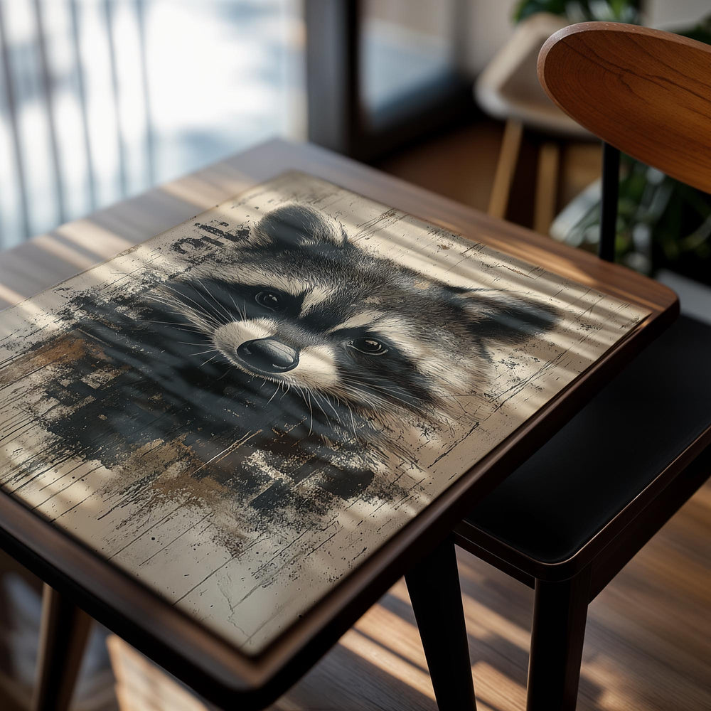 Raccoon illustration on a textured beige background, as a premium aluminum metal print from GoMetalPrint.
