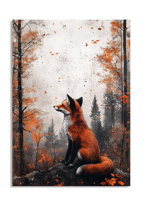 Fox sitting on a rock in an autumn forest with orange leaves and misty background, as a premium aluminum metal print from GoMetalPrint.
