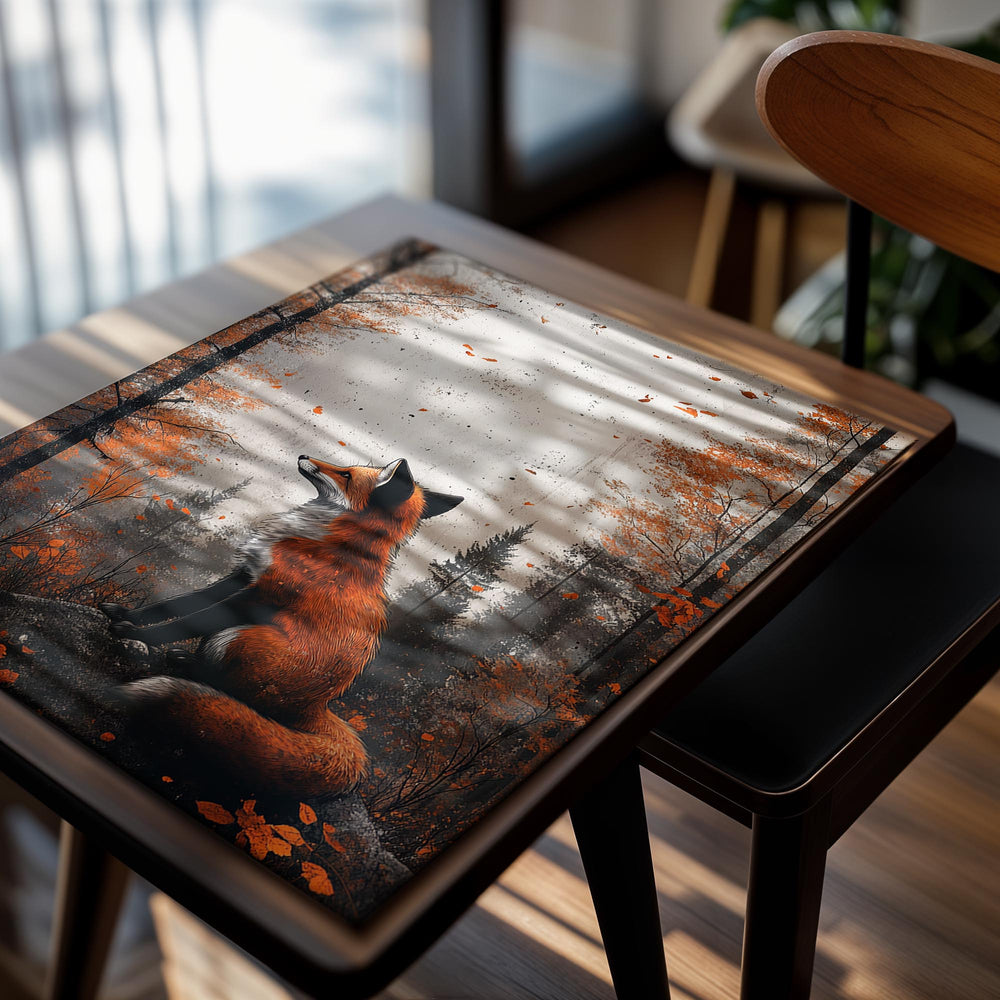 Fox sitting on a rock in an autumn forest with orange leaves and misty background, as a premium aluminum metal print from GoMetalPrint.
