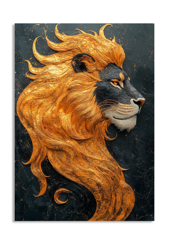 Stylized illustration of a lion's head on a dark background, as a premium aluminum metal print from GoMetalPrint.
