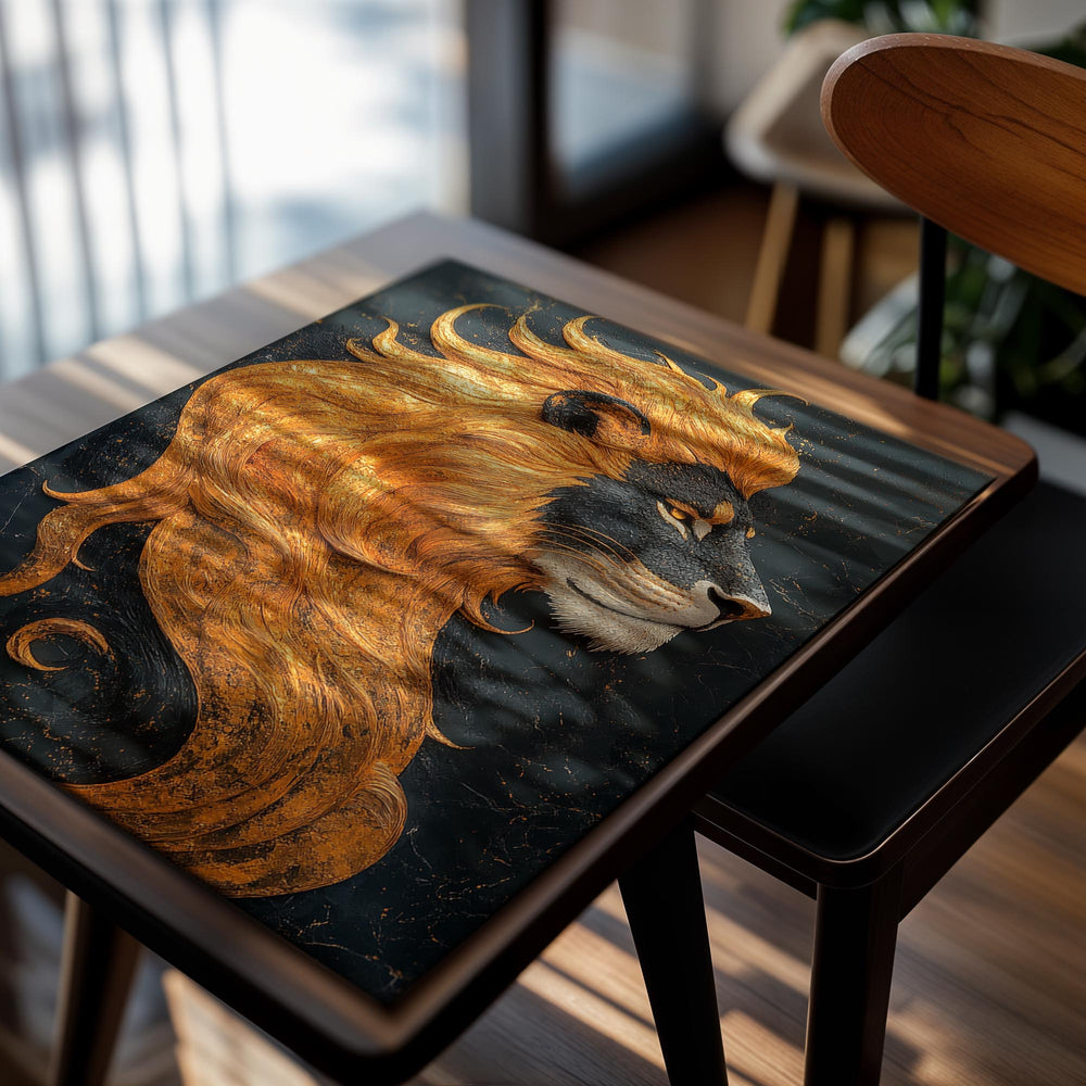 Stylized illustration of a lion's head on a dark background, as a premium aluminum metal print from GoMetalPrint.
