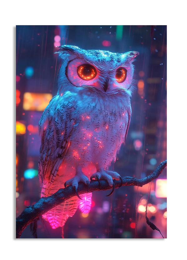 Colorful owl on a branch with a cityscape background, as a premium aluminum metal print from GoMetalPrint.
