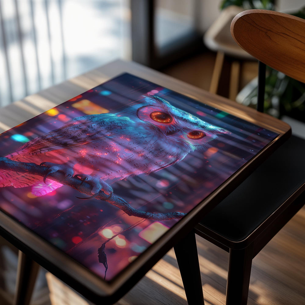 Colorful owl on a branch with a cityscape background, as a premium aluminum metal print from GoMetalPrint.
