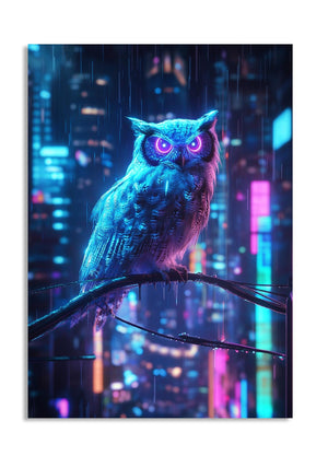 Neon blue owl on a wire against a cityscape at night, as a premium aluminum metal print from GoMetalPrint.
