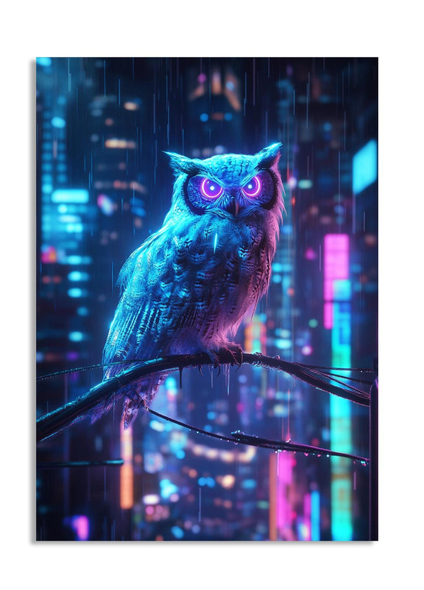 Neon blue owl on a wire against a cityscape at night, as a premium aluminum metal print from GoMetalPrint.

