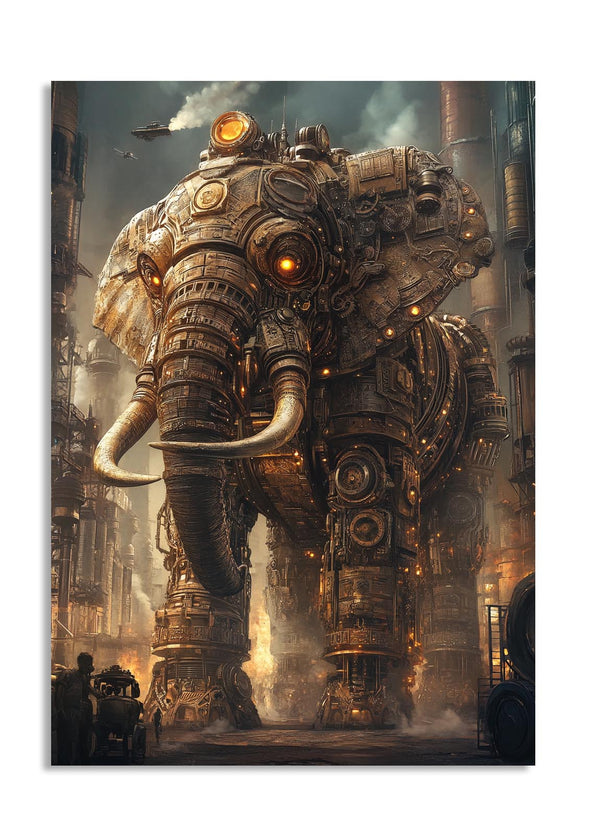 Mechanical elephant in a dystopian cityscape, as a premium aluminum metal print from GoMetalPrint.
