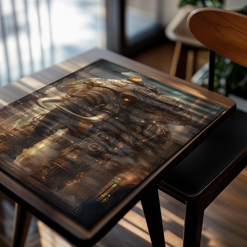 Mechanical elephant in a dystopian cityscape, as a premium aluminum metal print from GoMetalPrint.
