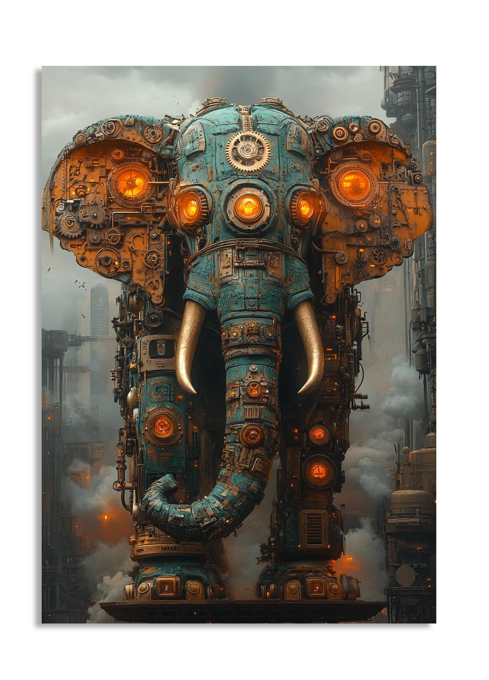 Mechanical elephant with steampunk design in an urban setting, as a premium aluminum metal print from GoMetalPrint.
