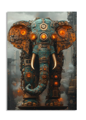 Mechanical elephant with steampunk design in an urban setting, as a premium aluminum metal print from GoMetalPrint.
