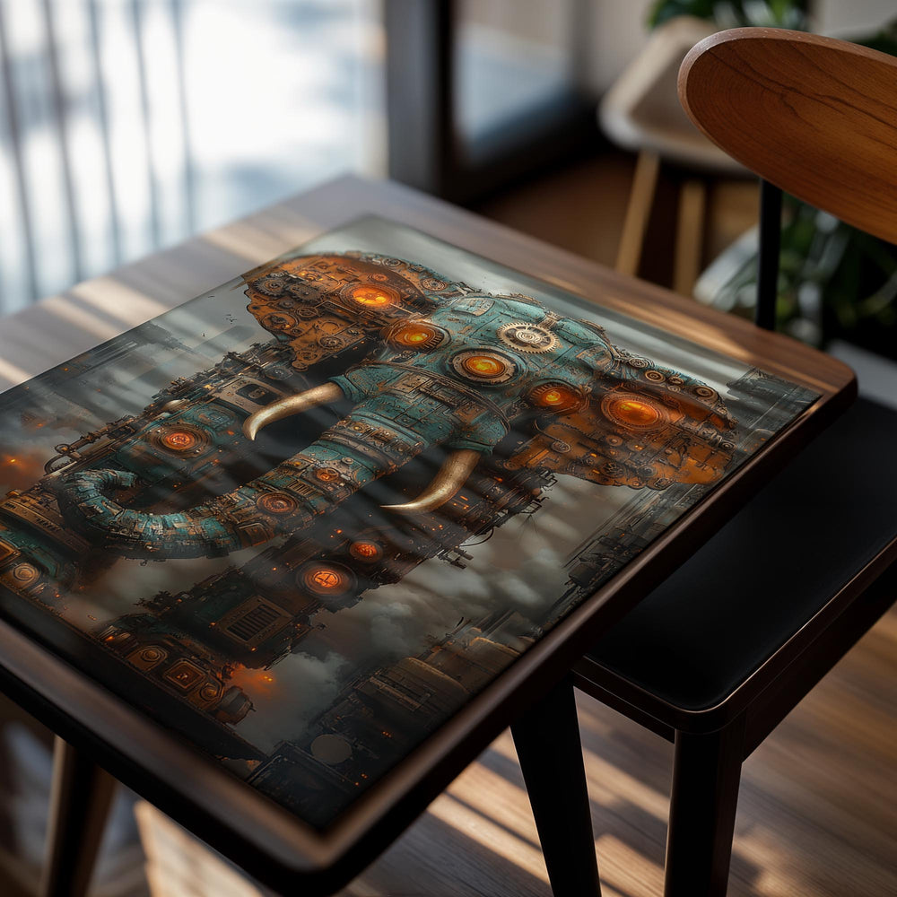 Mechanical elephant with steampunk design in an urban setting, as a premium aluminum metal print from GoMetalPrint.
