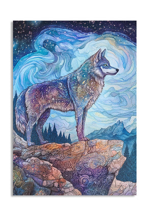 Colorful wolf illustration on a mountain with a starry sky background, as a premium aluminum metal print from GoMetalPrint.

