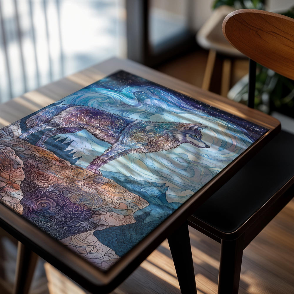 Colorful wolf illustration on a mountain with a starry sky background, as a premium aluminum metal print from GoMetalPrint.
