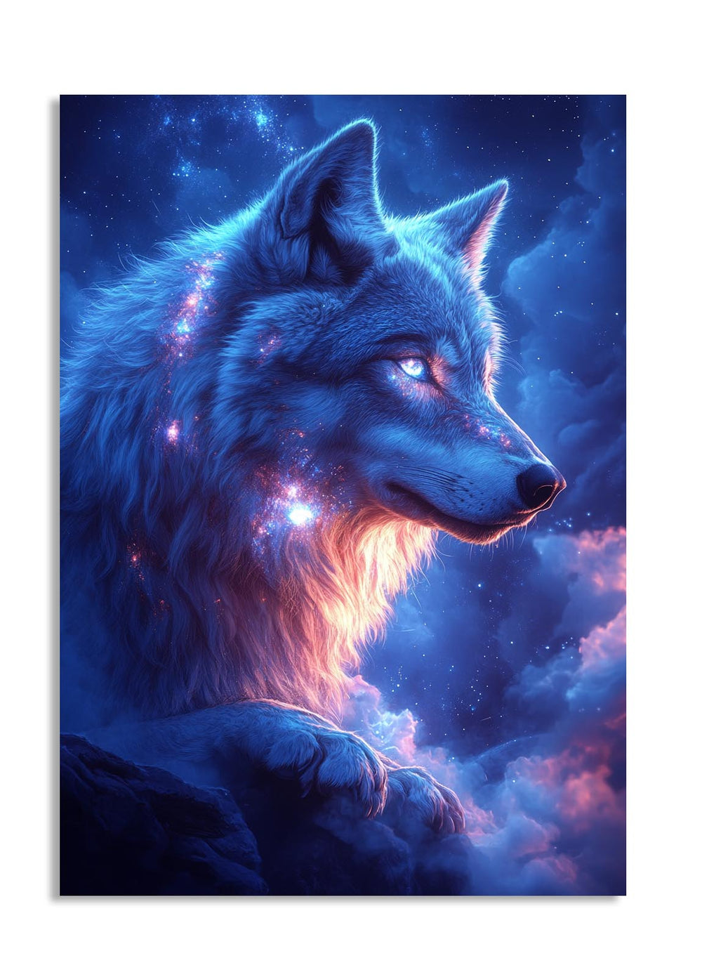 Wolf with cosmic elements in a starry sky, as a premium aluminum metal print from GoMetalPrint.
