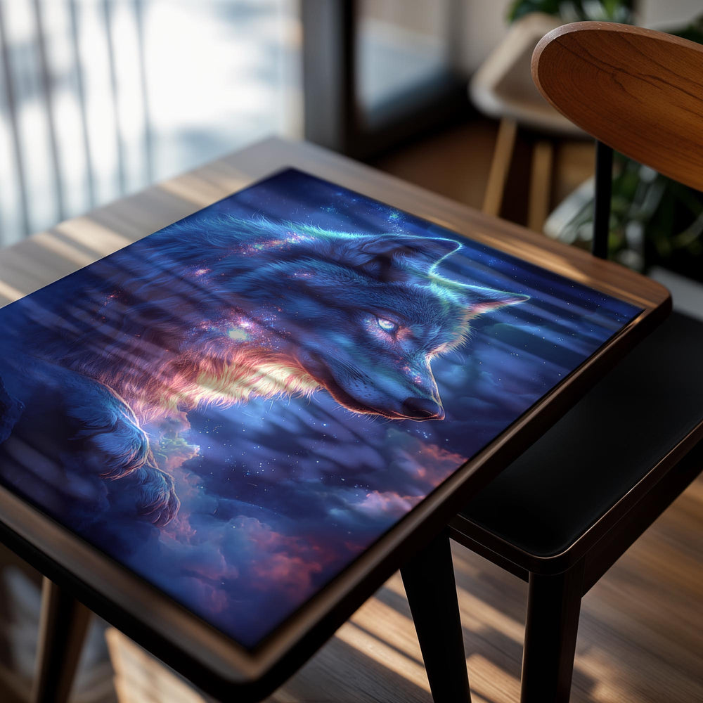 Wolf with cosmic elements in a starry sky, as a premium aluminum metal print from GoMetalPrint.
