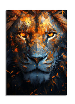 Artistic depiction of a lion's face with geometric patterns and warm colors, as a premium aluminum metal print from GoMetalPrint.
