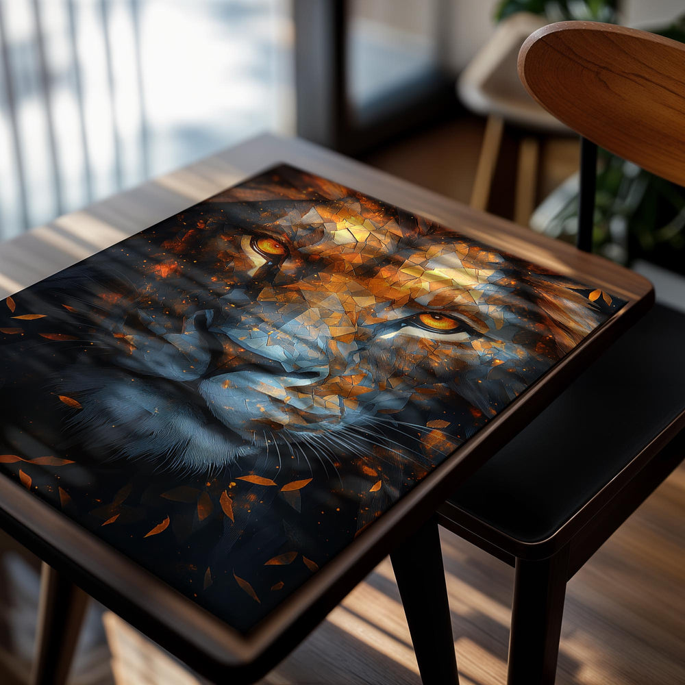 Artistic depiction of a lion's face with geometric patterns and warm colors, as a premium aluminum metal print from GoMetalPrint.
