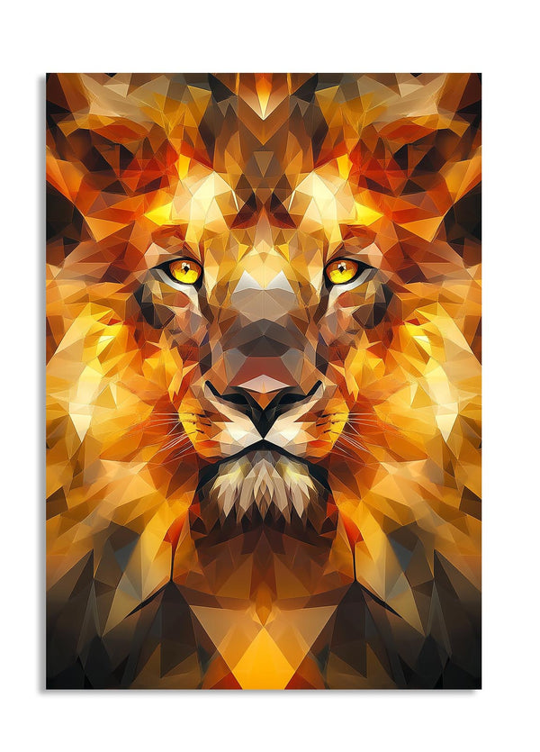 Geometric abstract art of a lion with warm colors on a white background, as a premium aluminum metal print from GoMetalPrint.
