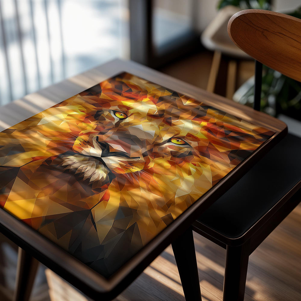 Geometric abstract art of a lion with warm colors on a white background, as a premium aluminum metal print from GoMetalPrint.
