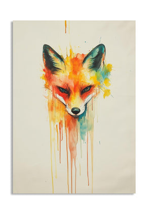Colorful abstract fox painting on a beige background, as a premium aluminum metal print from GoMetalPrint.
