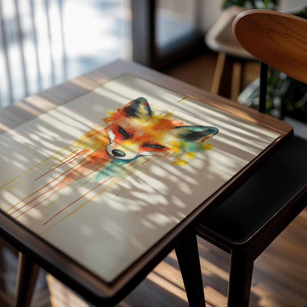 Colorful abstract fox painting on a beige background, as a premium aluminum metal print from GoMetalPrint.
